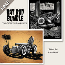 Load image into Gallery viewer, two hot rod posters rat rod surf scene and kid in rat rod ride wall art