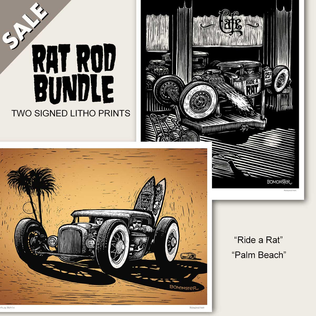 two hot rod posters rat rod surf scene and kid in rat rod ride wall art