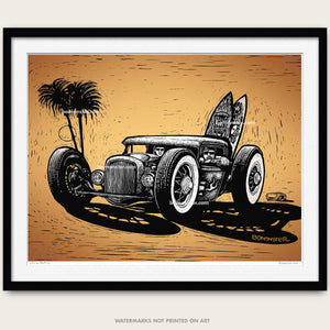 model a rat rod couple with surfboards wall art