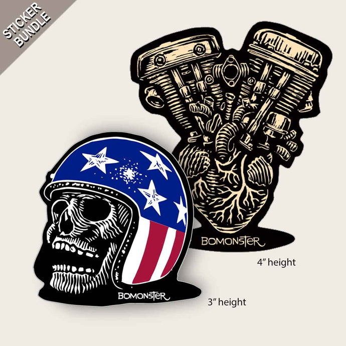 V-Twin ShovelPan Heart & America Skull Two-Sticker Bundle