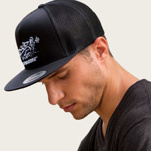 Load image into Gallery viewer, man wears trucker hat with flat track racer design by bomonster