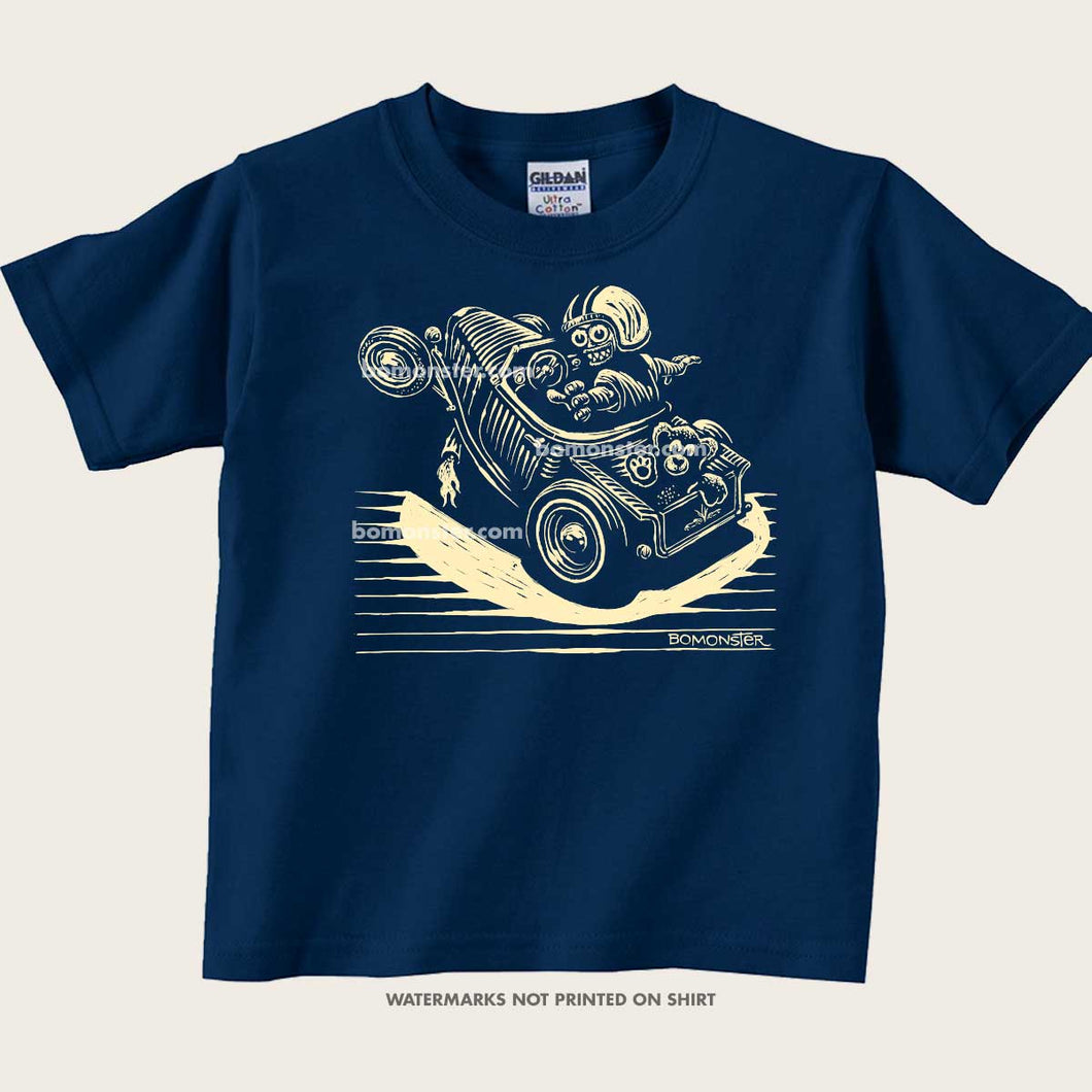 kids tee with driver and teddy bear letting go of the wheel 