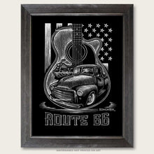 Load image into Gallery viewer, bomonster truck art of a gmc and harley road bike in guitar shape