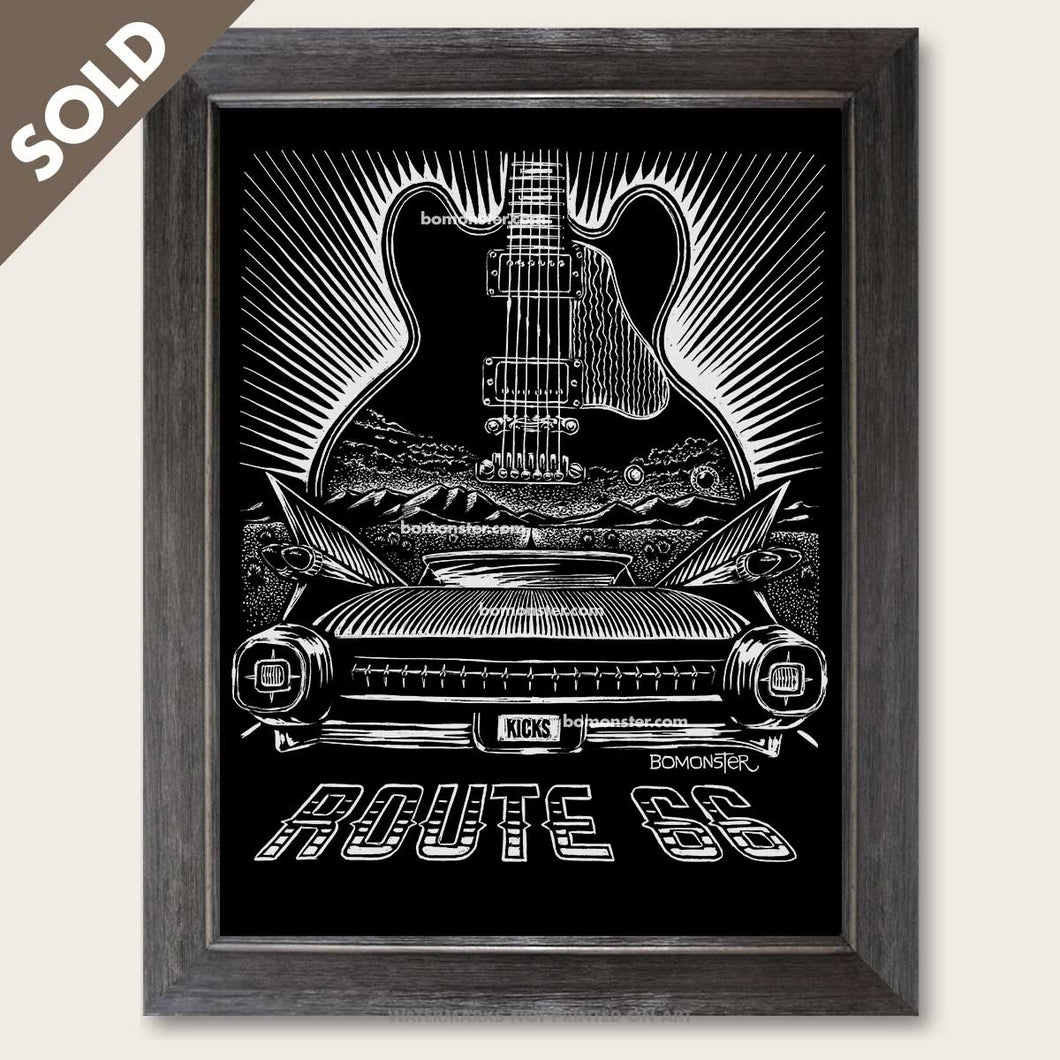 bomonster route 66 art of 59 cadillac and bb king guitar lucille