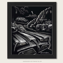 Load image into Gallery viewer, Origina art of three different Batmobiles hidden above Gotham City by BOMONSTER