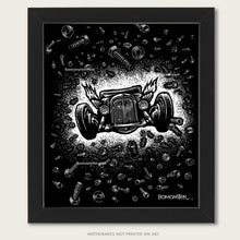 Load image into Gallery viewer, flying hot rod in space art by bomonster