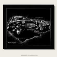 Load image into Gallery viewer, 1955 chevy gasser goes up against a 65 chevy II nova art by bomonster