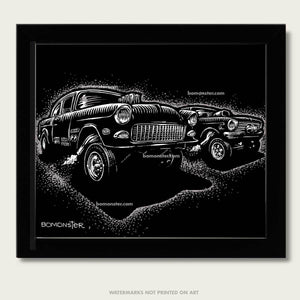 1955 chevy gasser goes up against a 65 chevy II nova art by bomonster