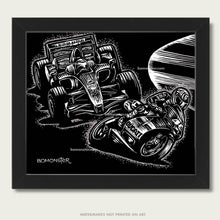 Load image into Gallery viewer, valentino rossi and ferrari f1 car at speed art by bomonster