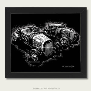 two hot rods race each other art by bomonster