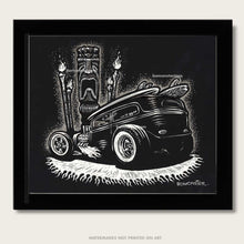 Load image into Gallery viewer, rat rod with tiki head and tiki torches original art by bomonster