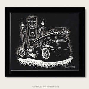 rat rod with tiki head and tiki torches original art by bomonster
