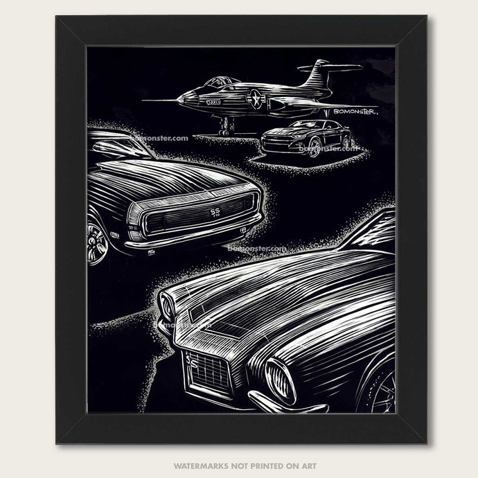 Camaros and an f-101 voodooo fighter plane in this original art by bomonster
