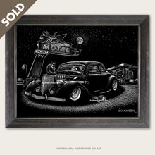 Load image into Gallery viewer, bomonster art of custom 1936 ford and route 66 blue swallow hotel