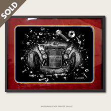 Load image into Gallery viewer, bomonster hot rod art of model a coupe in space junk of nuts and bolts