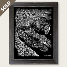 Load image into Gallery viewer, bomonster art of triumph motorcycle and hot rod on dry lake