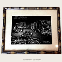 Load image into Gallery viewer, van, vintage trailer, motorcycle surf scene