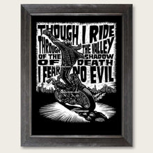 Load image into Gallery viewer, bomonster chopper art of rider standing on harley chopper at speed