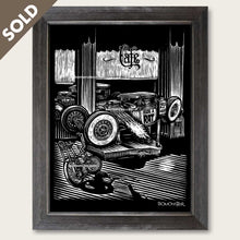 Load image into Gallery viewer, bomonster rat rod art of boy in coin operated rat rod