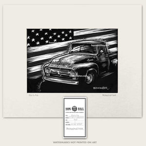 Original art of 1956 Ford F-100 and American flag