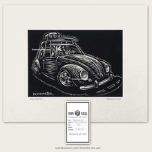 Load image into Gallery viewer, vw bug skull driver with surfboard on top art by bomonster