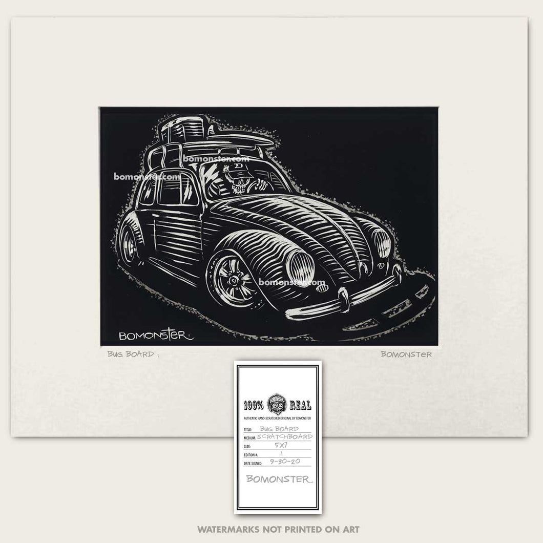 vw bug skull driver with surfboard on top art by bomonster