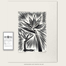 Load image into Gallery viewer, original bomonster scratchboard art of two birds of paradise flowers