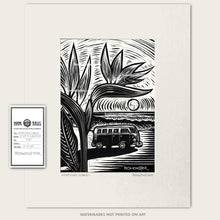 Load image into Gallery viewer, 1960s vw bus in front of ocean waves with birds of paradise original art by bomonster