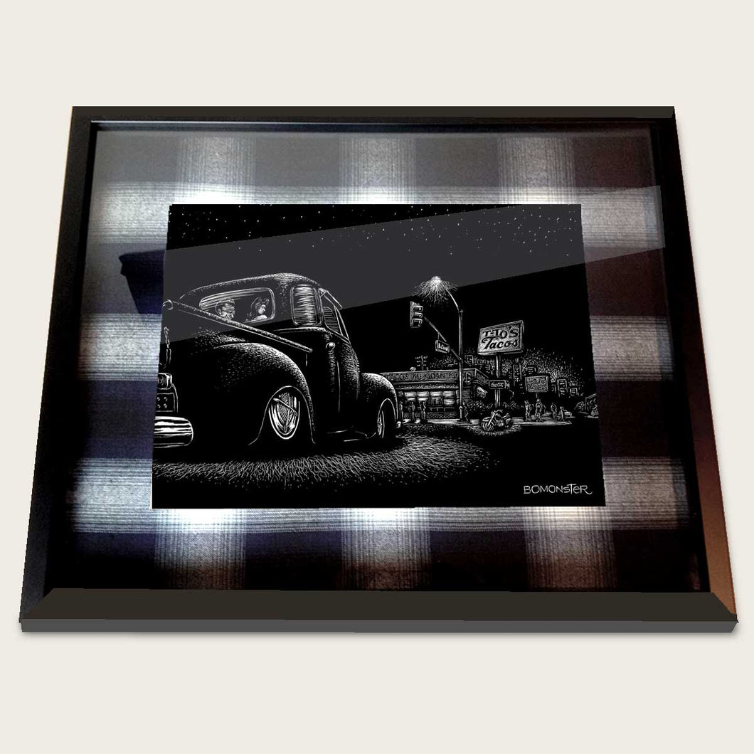 framed bomonster art of 1949 chevy truck in front of tito's tacos