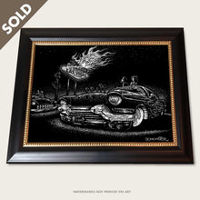 Load image into Gallery viewer, bomonster custom cadillac art of owners looking at flames from las vegas sign