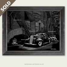 Load image into Gallery viewer, custom packard and hot rod truck in alley art by bomonster