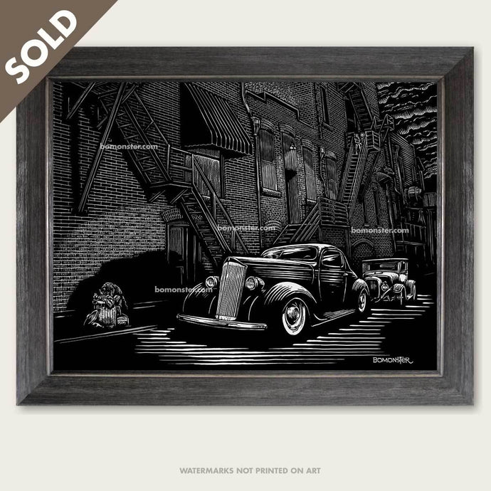 custom packard and hot rod truck in alley art by bomonster