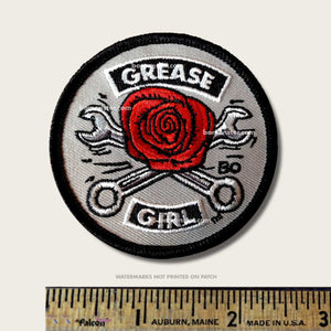 bomonster grease girl patch of crossed wrenches behind rose