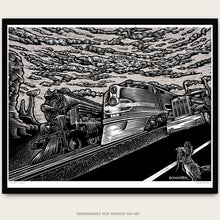 Load image into Gallery viewer, Classic trin art by bomonster of two trains and a semi truck racing in the west