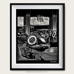 bomonster rat rod art print of kid in hot rod ride