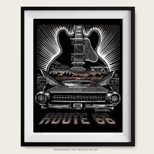 Load image into Gallery viewer, bomonster art of cadillac fins and bb king lucille guitar on route 66