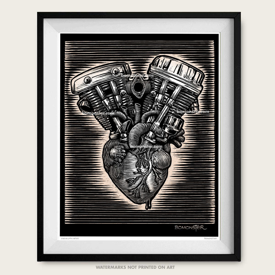 bomonster harley art of panhead and shovelhead motors on human heart