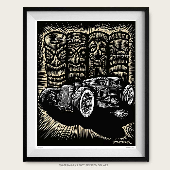 rat rod art of hot rod truck in front of four tiki heads