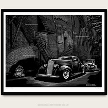 Load image into Gallery viewer, Custom packard and Model a hot rod in alley. Art by bomonster