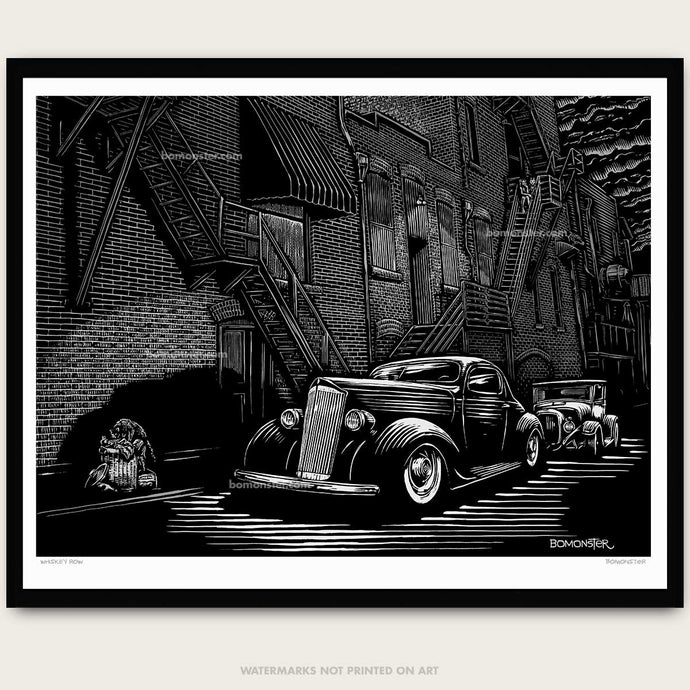 Custom packard and Model a hot rod in alley. Art by bomonster