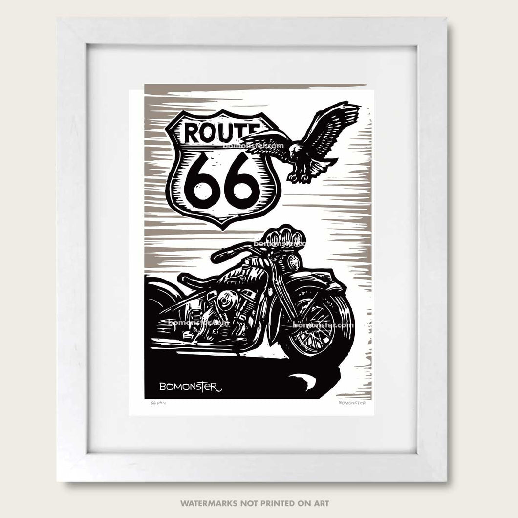 classic harley-davidso panhead and route 66 sign litho print by bomonster