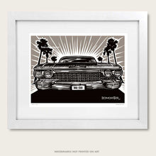 Load image into Gallery viewer, cadillac art by bomonster of early 1960s cadillac and palm trees
