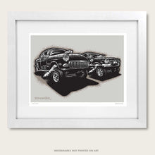 Load image into Gallery viewer, bomonster hot rod art of two chevy gasser drag race cars