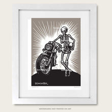 Load image into Gallery viewer, skeleton and classic cafe motorcycle art print by bomonster