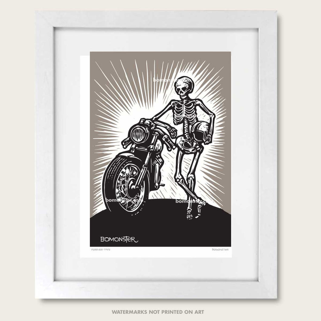 skeleton and classic cafe motorcycle art print by bomonster
