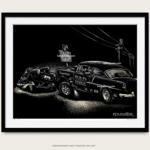 drag race art by bomonster of a 55 chevy gasser and a willys gasser