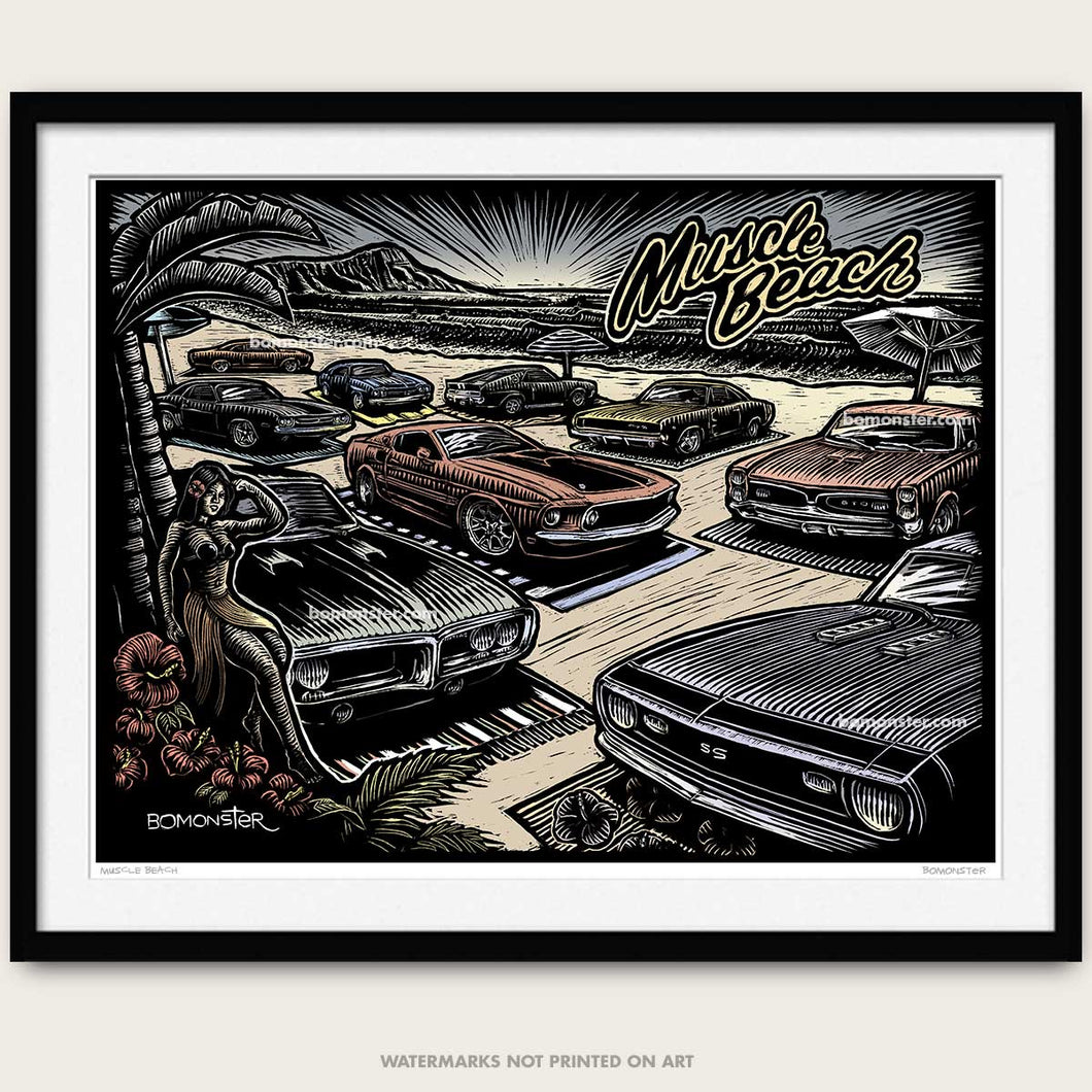 bomonster muscle car art of classic cars on beach