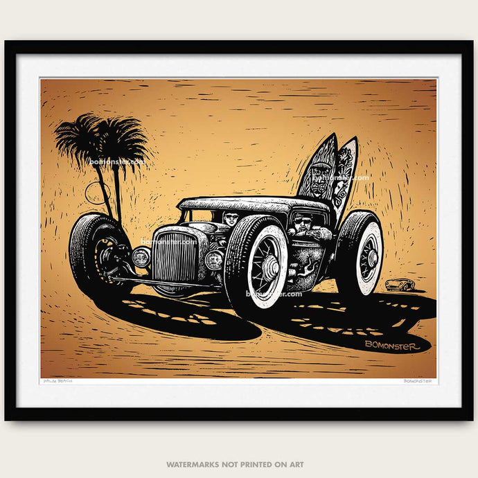 hot rod art by bomonster of rat rod with surf boards and palm tree