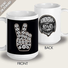 Load image into Gallery viewer, hippie 60s peace sign with skull flowers mug by bomonster