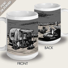 Load image into Gallery viewer, vintage trailer camping surf beach scene mug by bomonster